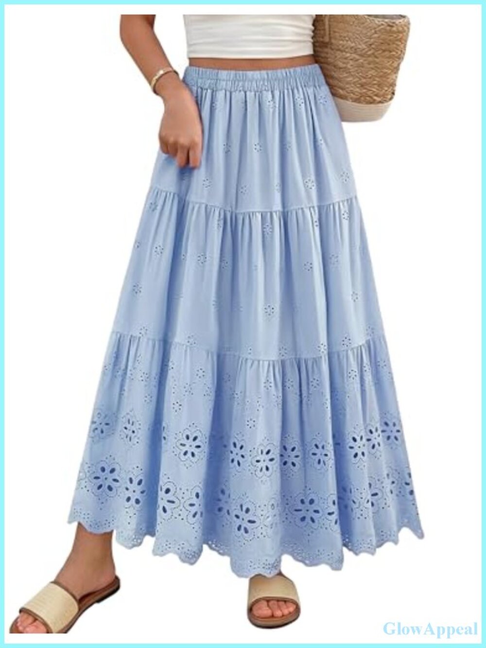 Women's Cotton Eyelet Embroidery Maxi Skirt Boho Elastic High Waist A-Line